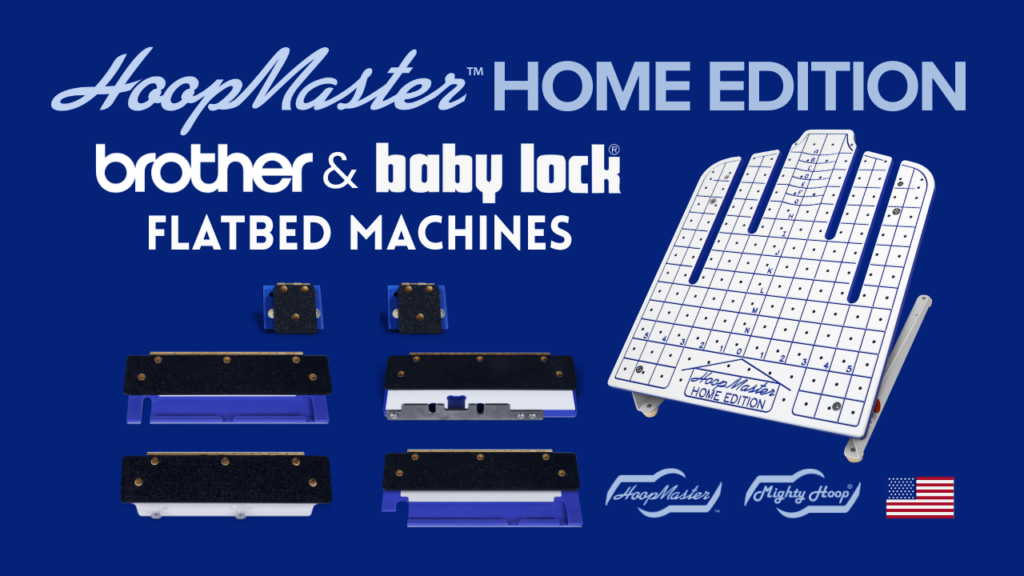 HoopMaster Home Edition for Brother and Baby Lock flatbed embroidery machines with station, backing holder brackets, and fixture components