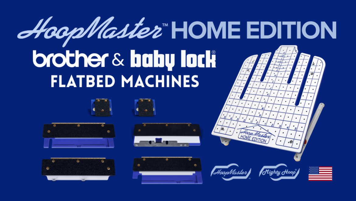 HoopMaster Home Edition for Brother and Baby Lock flatbed embroidery machines with station, backing holder brackets, and fixture components