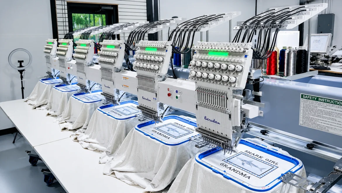Multi-head commercial embroidery machine running matching logo placement across a production run